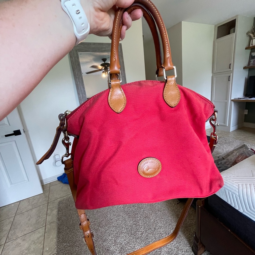 Dooney & Bourke Red and Tan Satchel with Leather Trim